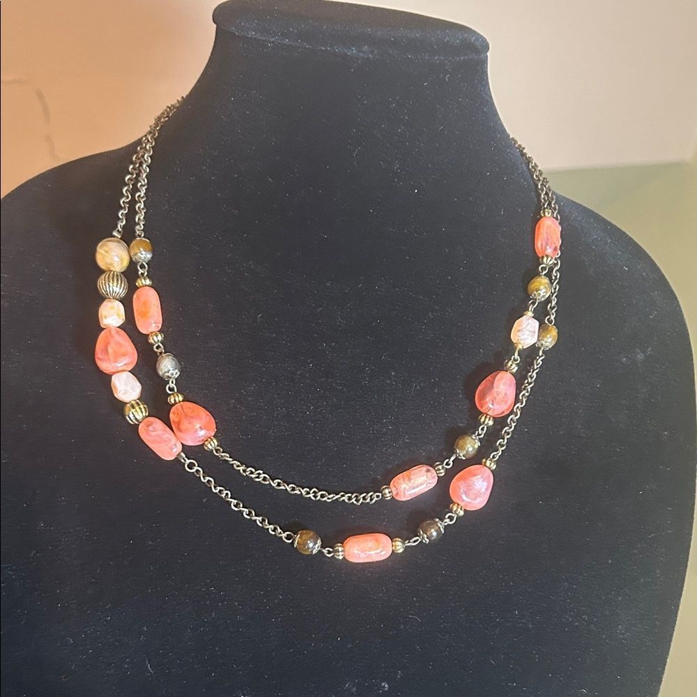 Vintage Chunky Coral & Copper Beaded Statement Necklace Boho 90s